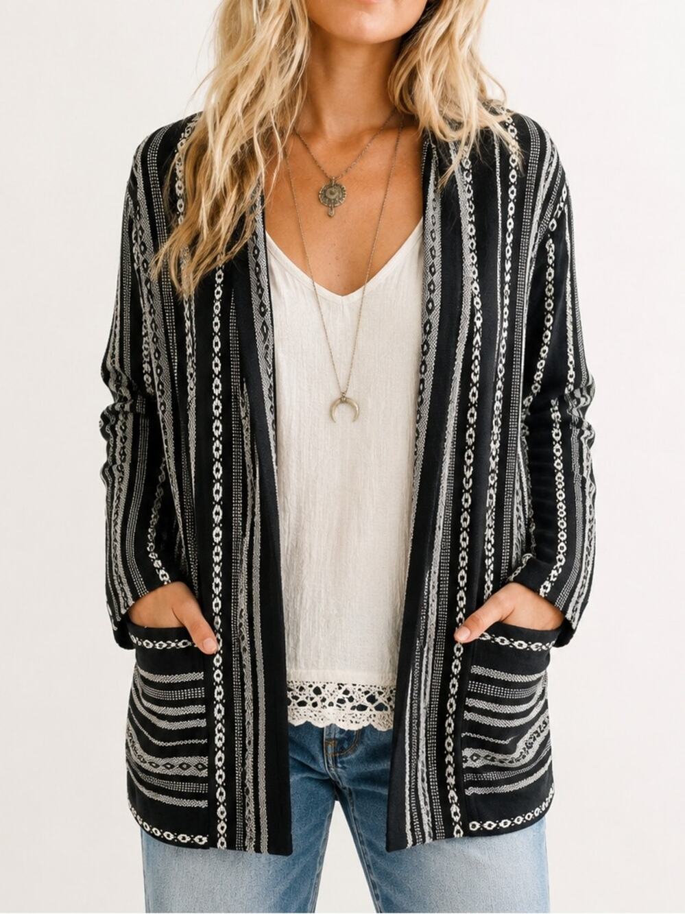 Earthbound Trading Co Black White Open Front Knit Cardigan Pockets Small